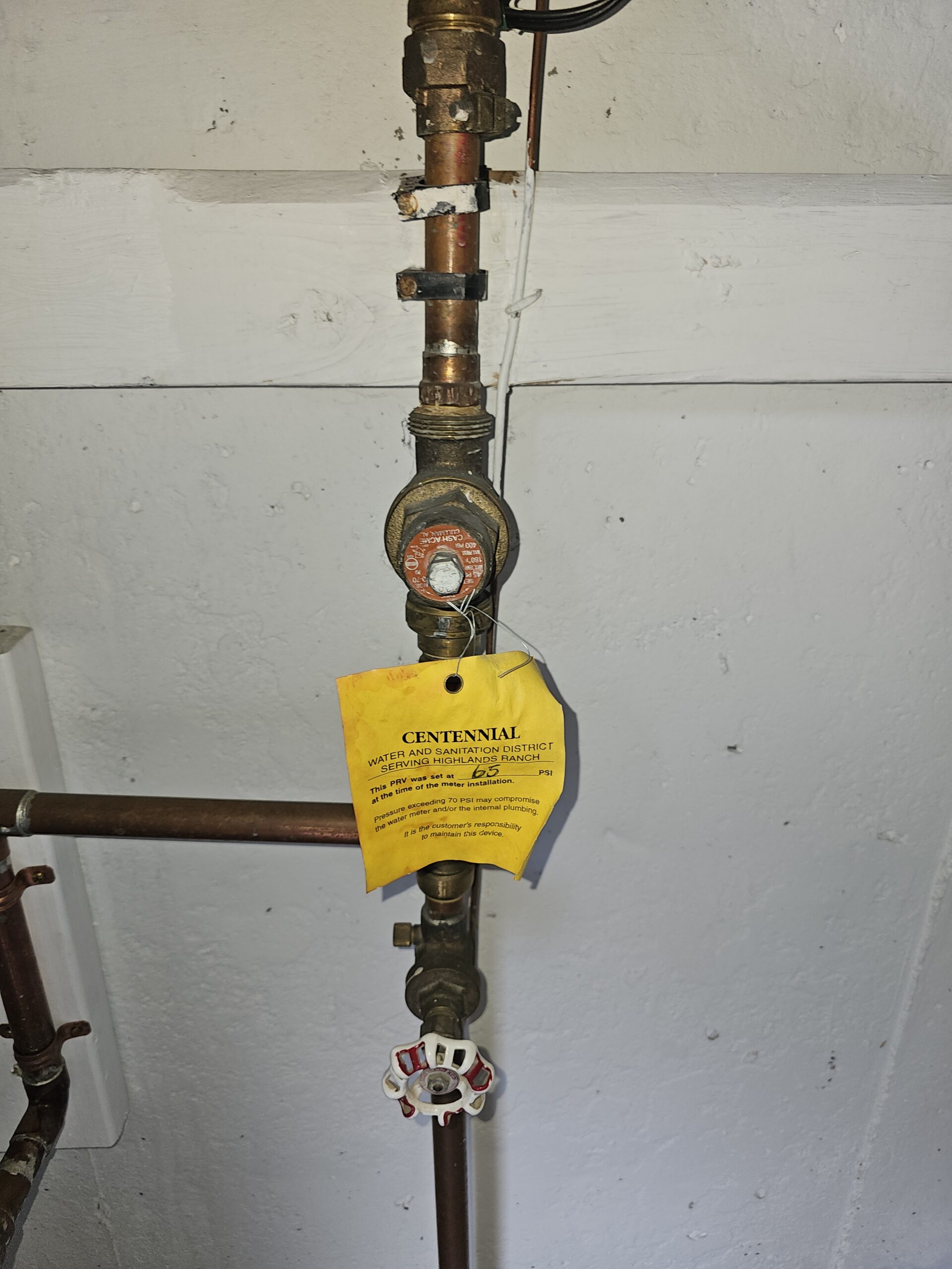 PRV Inspection — Centennial Water District Tag at 65 PSI by Titan Plumbing Services LLC in Douglas County Colorado