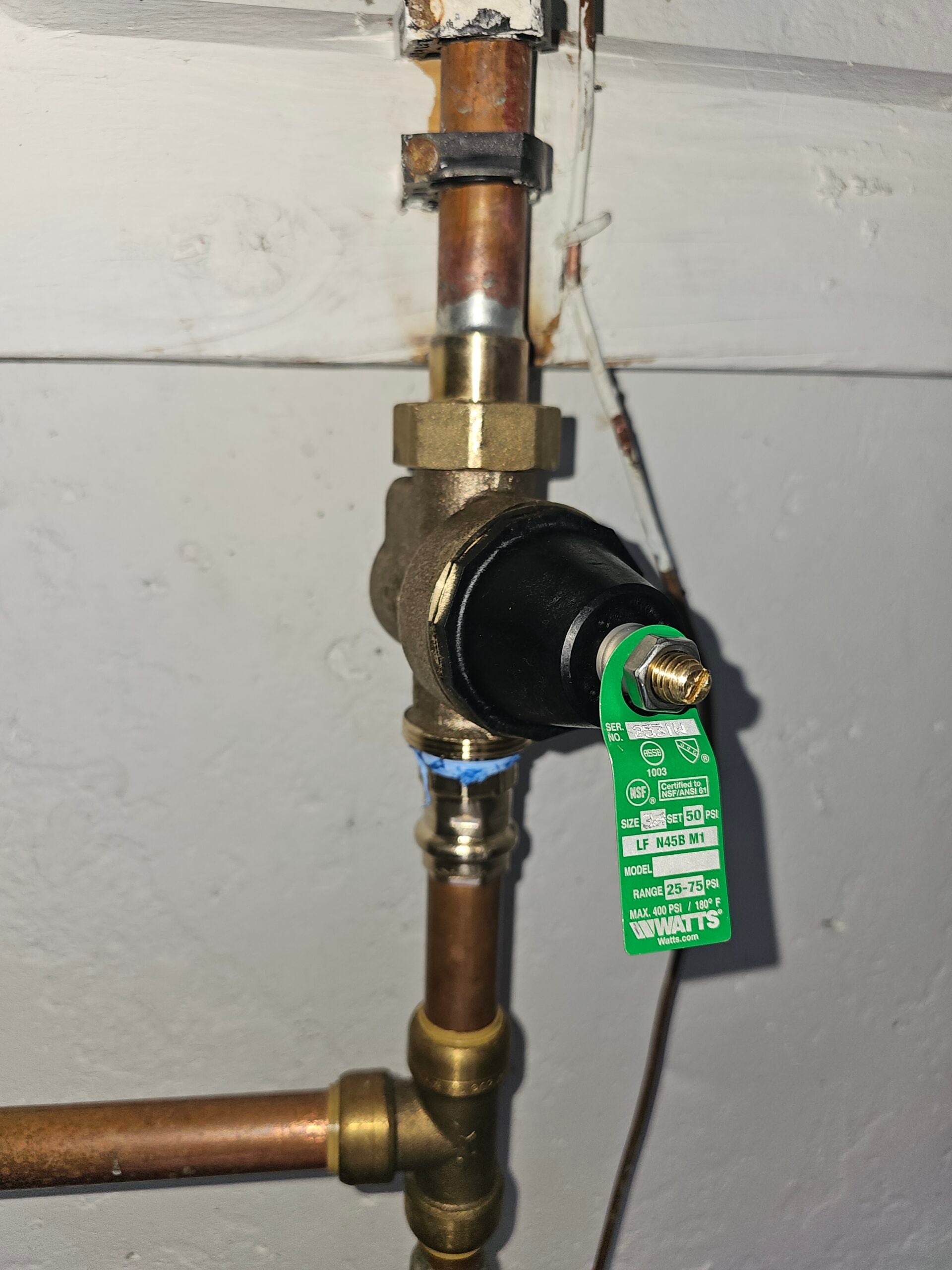 New Watts PRV Installed with Certification Tag by Titan Plumbing Services LLC in Douglas County Colorado